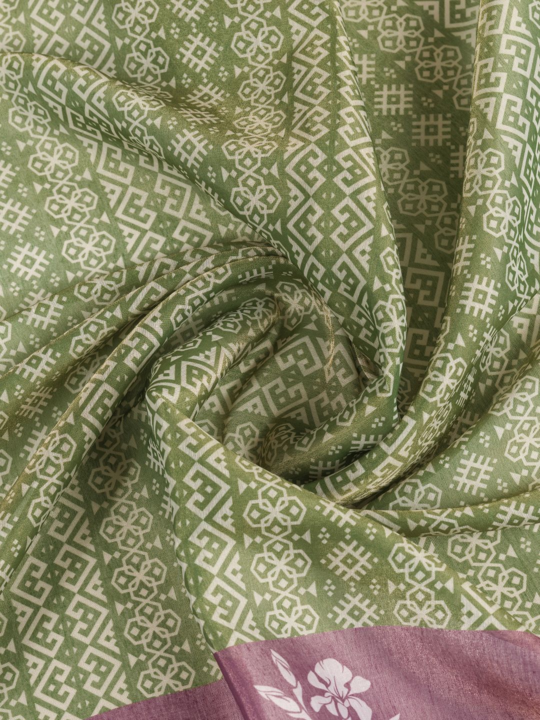 Olive Green Erode Cotton Saree with Mauve Floral Pallu Look