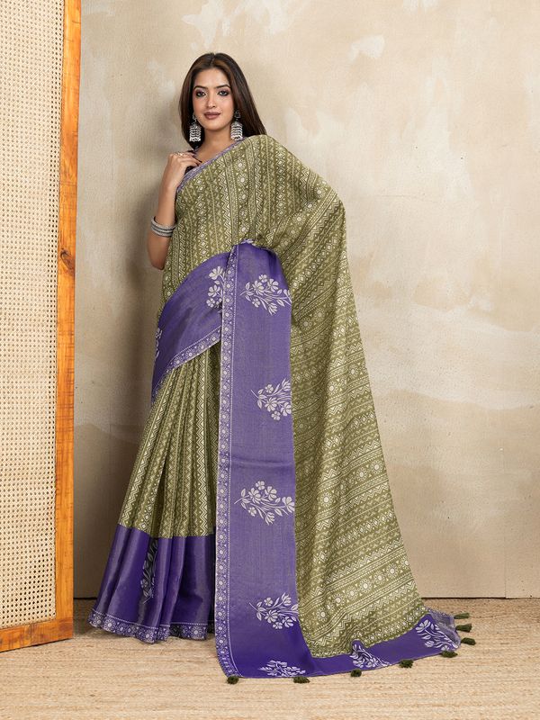 Olive Green Erode Cotton Saree with Purple Floral Pallu Set
