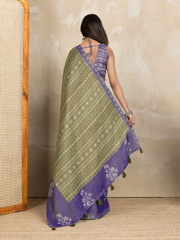 Olive Green Erode Cotton Saree with Purple Floral Pallu Set