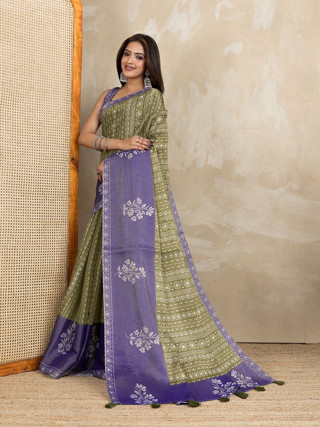 Olive Green Erode Cotton Saree with Purple Floral Pallu Set