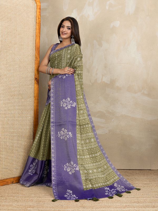 Olive Green Erode Cotton Saree with Purple Floral Pallu Set