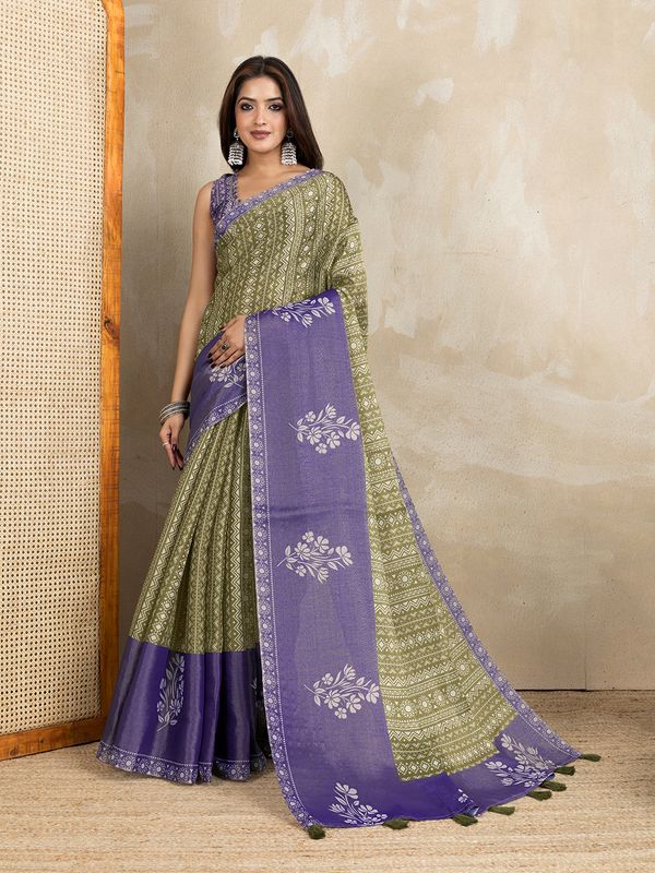 Olive Green Erode Cotton Saree with Purple Floral Pallu Set