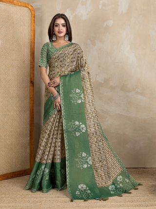 Brown Erode Cotton Saree with Sage Green Floral Pallu