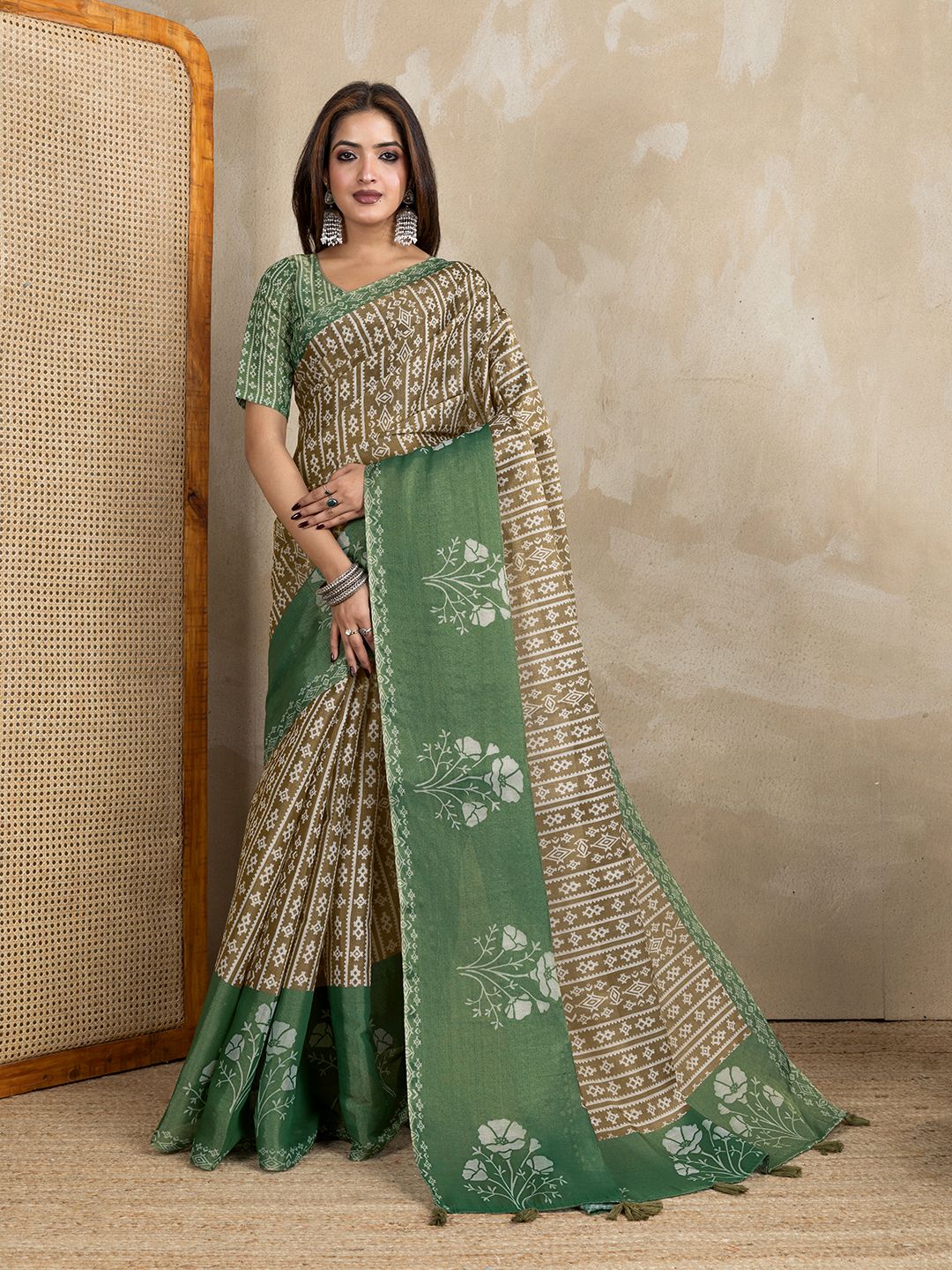 Brown Erode Cotton Saree with Sage Green Floral Pallu