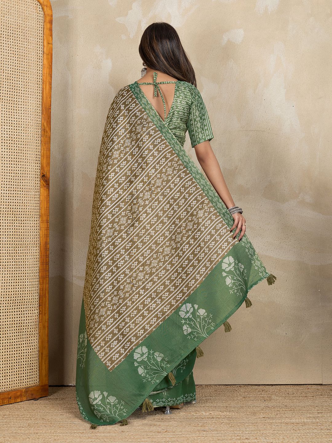 Brown Erode Cotton Saree with Sage Green Floral Pallu