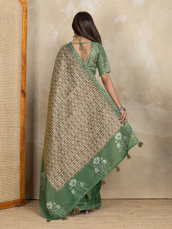 Brown Erode Cotton Saree with Sage Green Floral Pallu