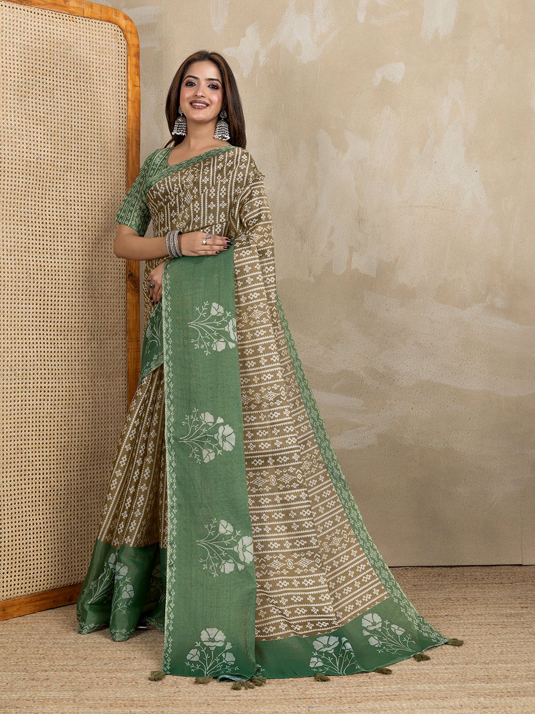 Brown Erode Cotton Saree with Sage Green Floral Pallu