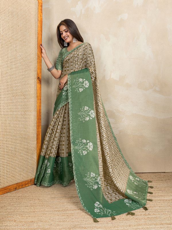 Brown Erode Cotton Saree with Sage Green Floral Pallu