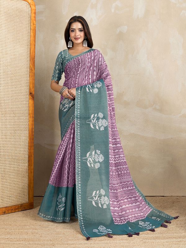 Mauve Cotton Saree with Teal Floral Pallu and Ethnic Prints