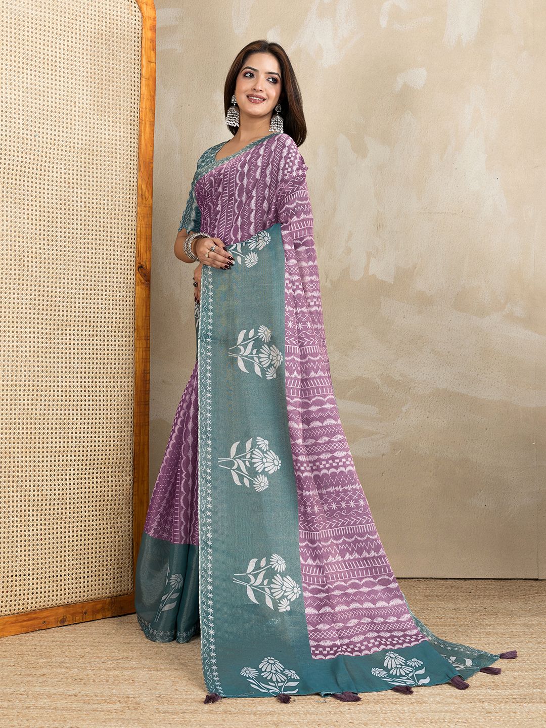 Mauve Cotton Saree with Teal Floral Pallu and Ethnic Prints