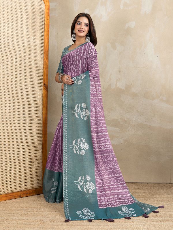 Mauve Cotton Saree with Teal Floral Pallu and Ethnic Prints