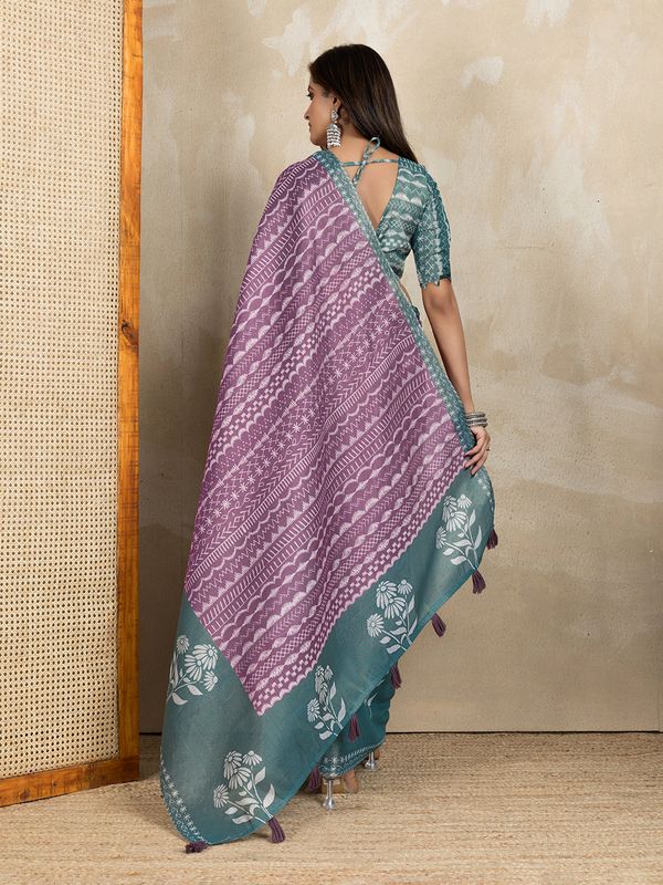 Mauve Cotton Saree with Teal Floral Pallu and Ethnic Prints