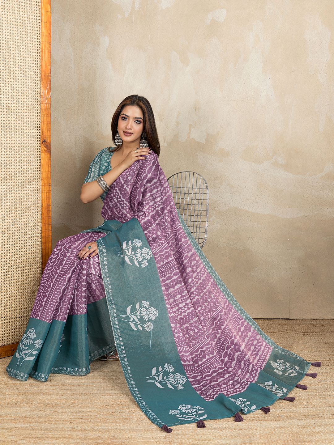 Mauve Cotton Saree with Teal Floral Pallu and Ethnic Prints
