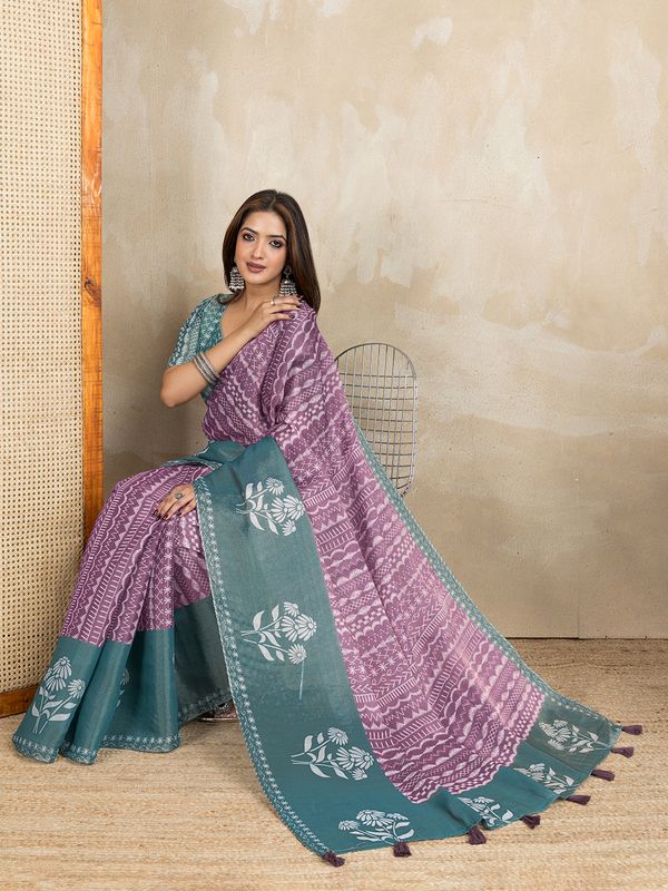 Mauve Cotton Saree with Teal Floral Pallu and Ethnic Prints