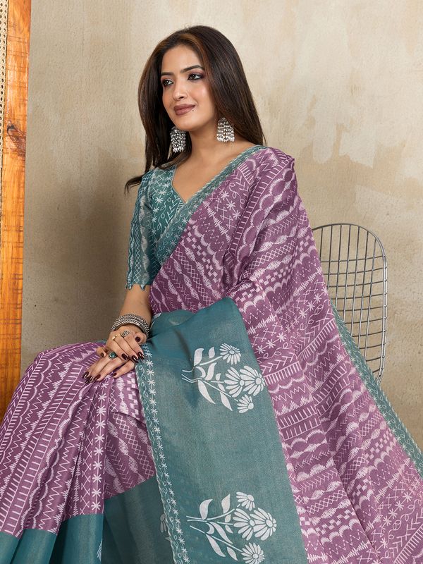 Mauve Cotton Saree with Teal Floral Pallu and Ethnic Prints