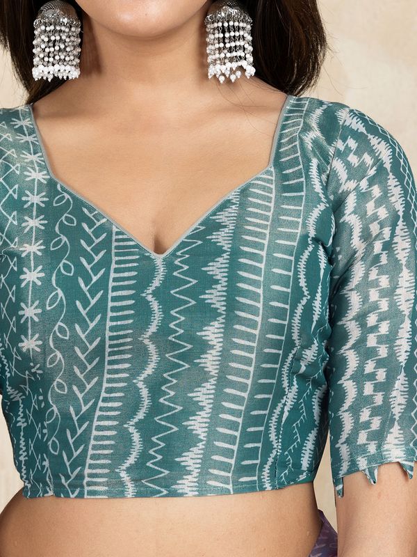 Mauve Cotton Saree with Teal Floral Pallu and Ethnic Prints