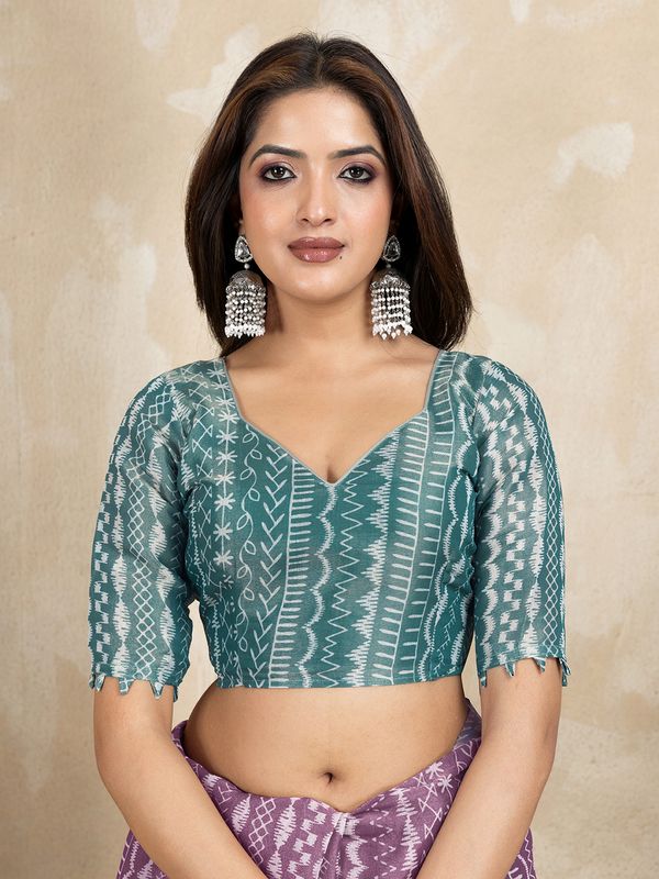 Mauve Cotton Saree with Teal Floral Pallu and Ethnic Prints