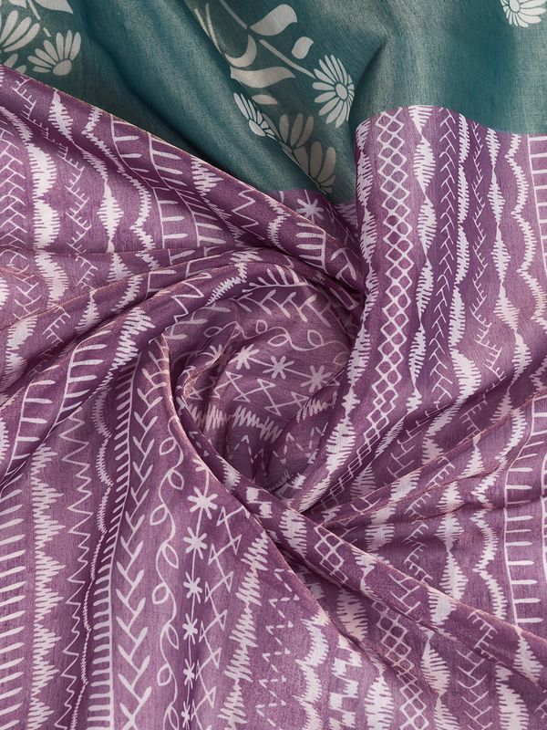 Mauve Cotton Saree with Teal Floral Pallu and Ethnic Prints