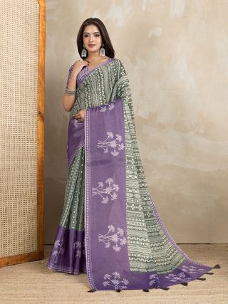 Olive Green Erode Cotton Saree with Purple Floral Pallu Set