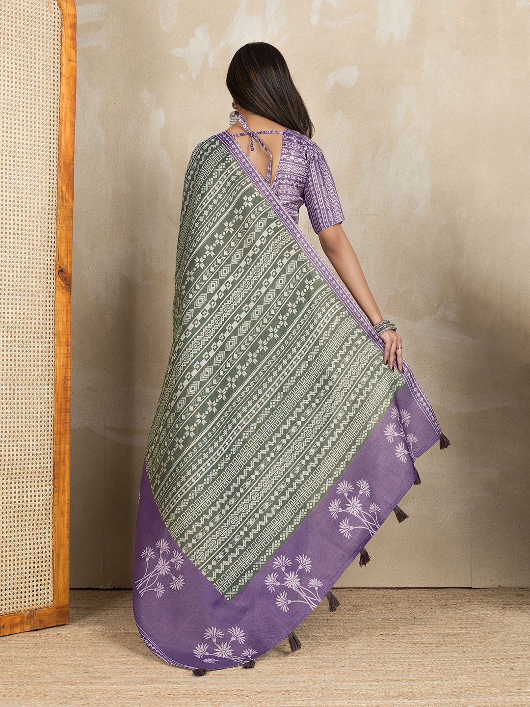Olive Green Erode Cotton Saree with Purple Floral Pallu Set