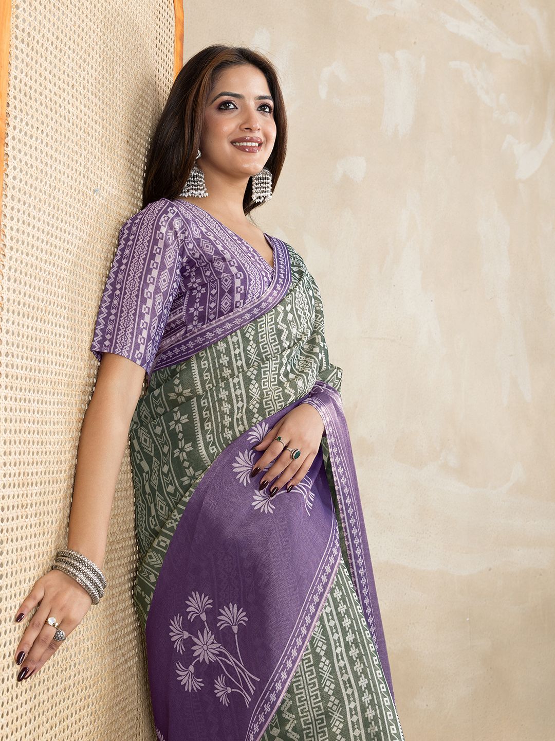 Olive Green Erode Cotton Saree with Purple Floral Pallu Set