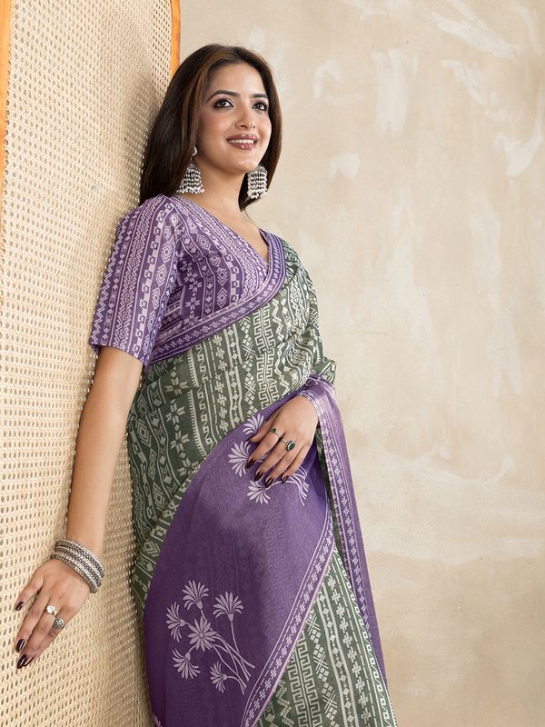 Olive Green Erode Cotton Saree with Purple Floral Pallu Set