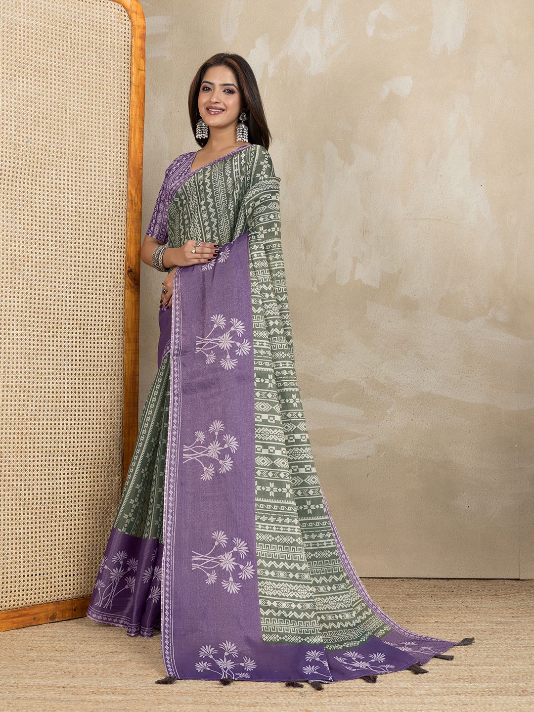 Olive Green Erode Cotton Saree with Purple Floral Pallu Set