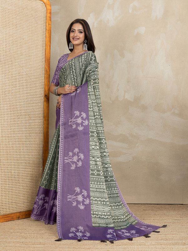 Olive Green Erode Cotton Saree with Purple Floral Pallu Set