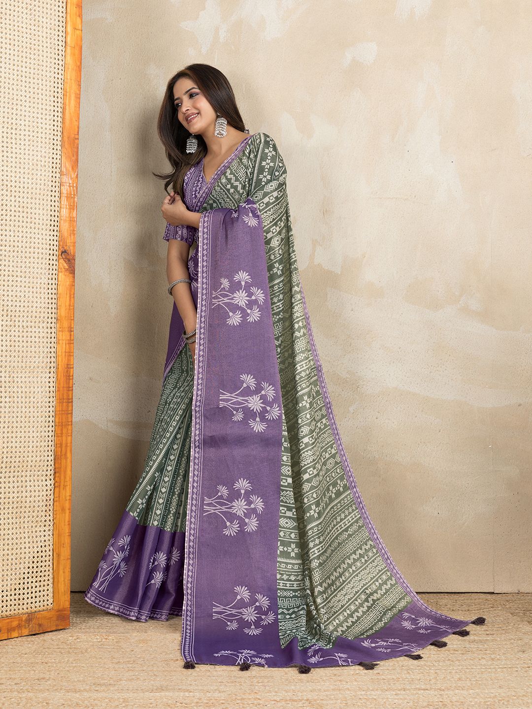 Olive Green Erode Cotton Saree with Purple Floral Pallu Set