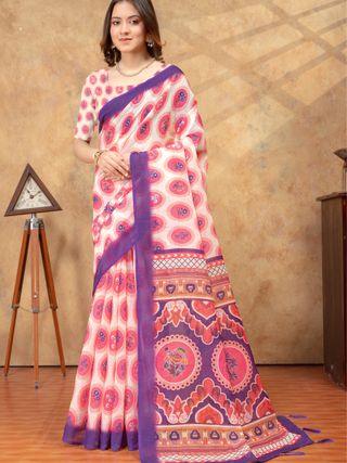Peach Floral Medallion Print Saree with Purple Pallu