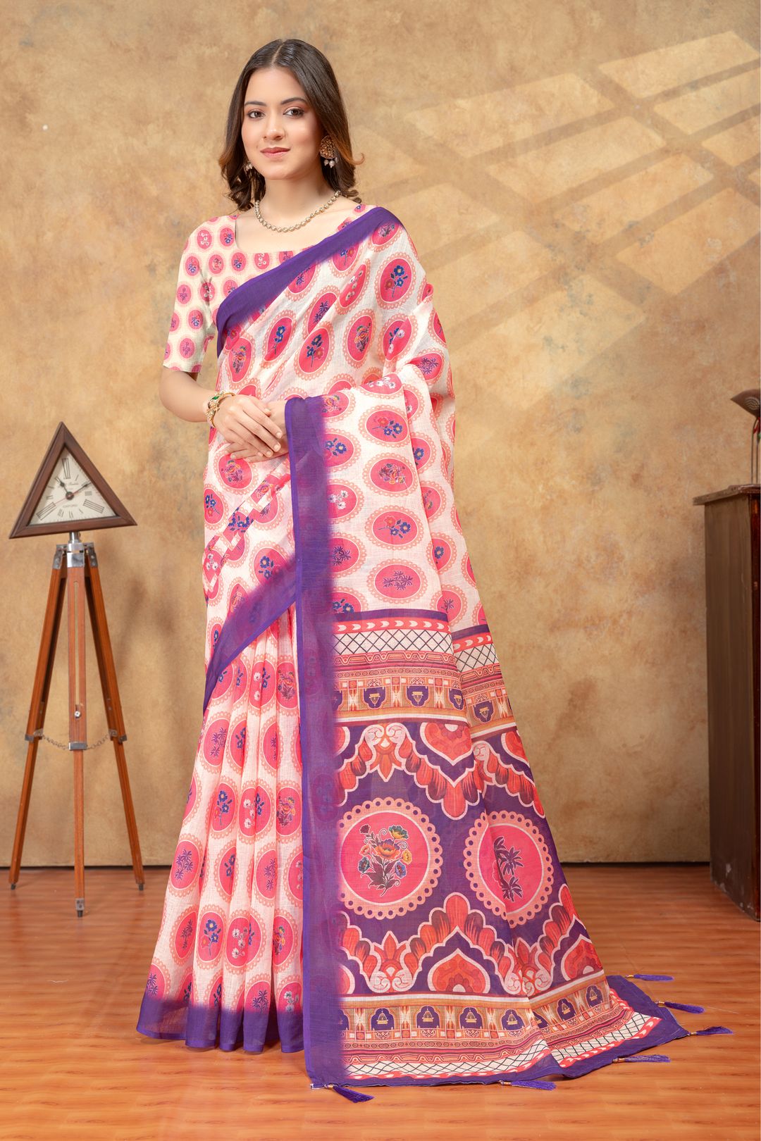Peach Floral Medallion Print Saree with Purple Pallu