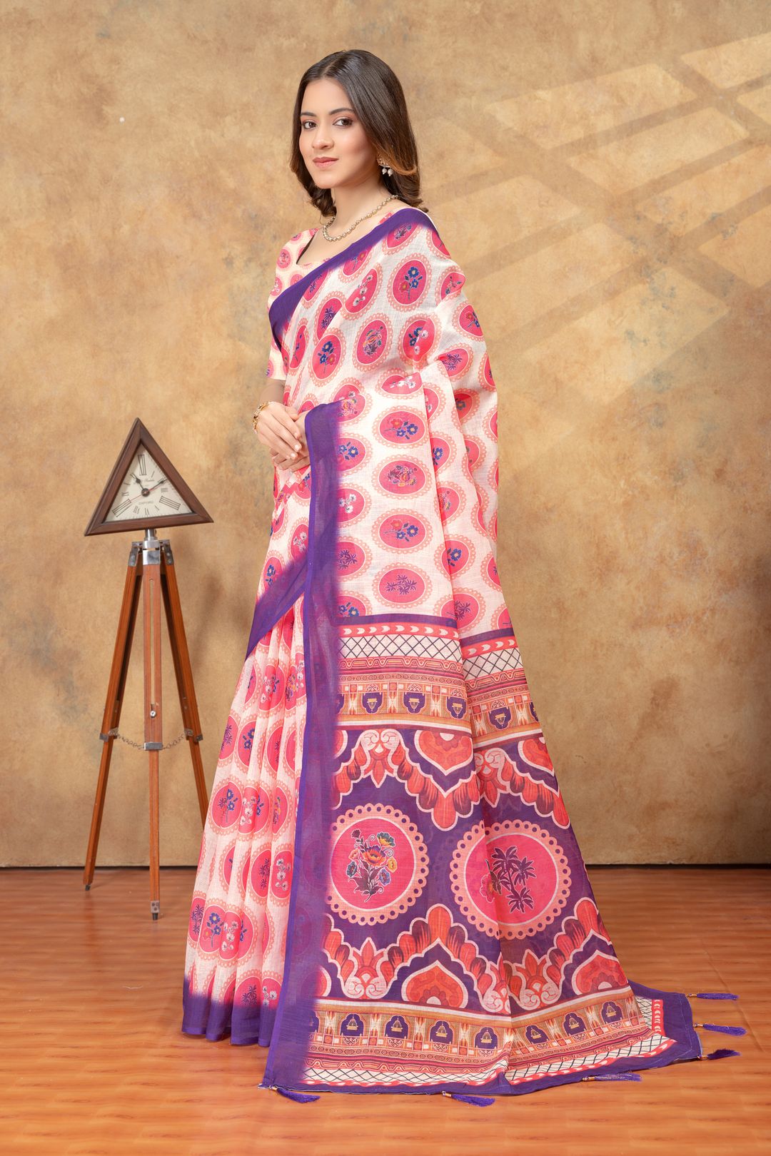 Peach Floral Medallion Print Saree with Purple Pallu