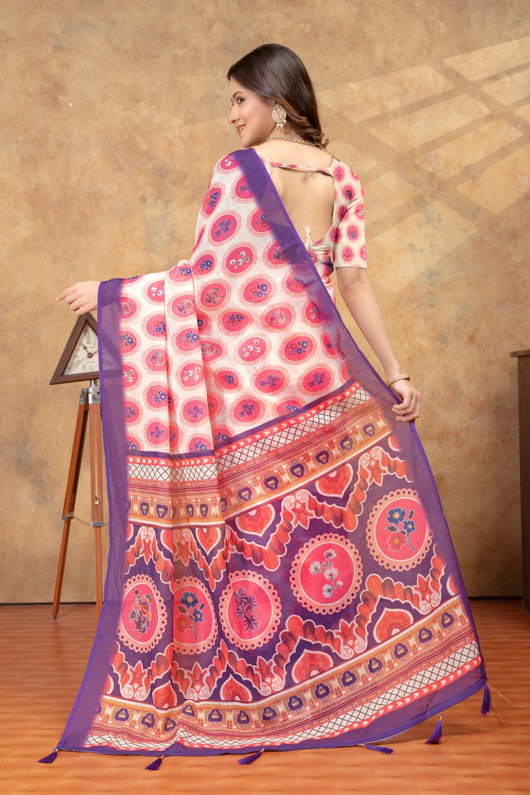 Peach Floral Medallion Print Saree with Purple Pallu