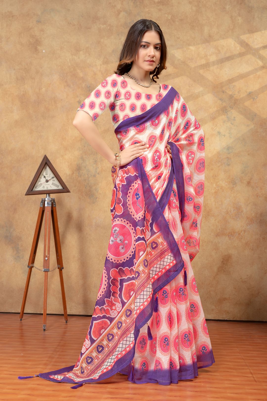 Peach Floral Medallion Print Saree with Purple Pallu