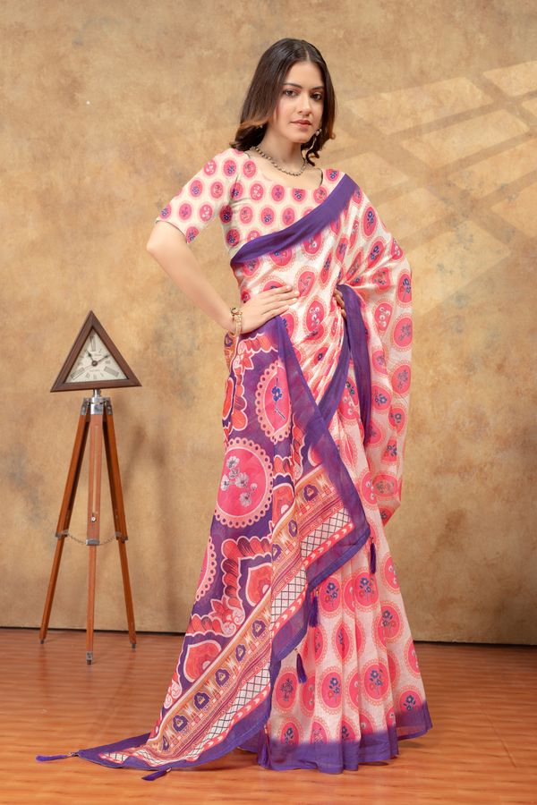 Peach Floral Medallion Print Saree with Purple Pallu