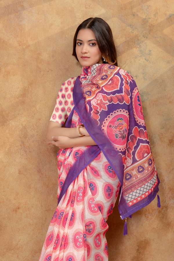 Peach Floral Medallion Print Saree with Purple Pallu