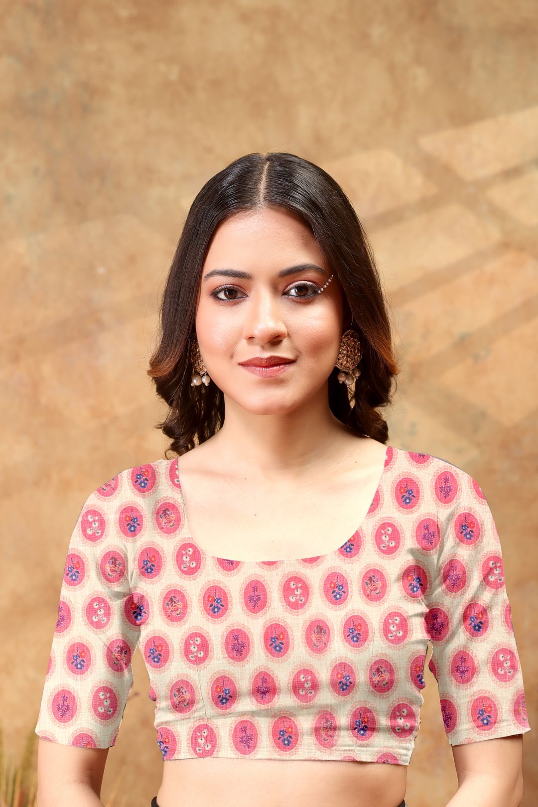 Peach Floral Medallion Print Saree with Purple Pallu