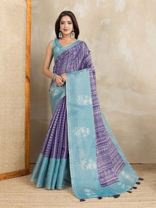 Purple Aqua Erode Cotton Saree with Geometric Floral Design
