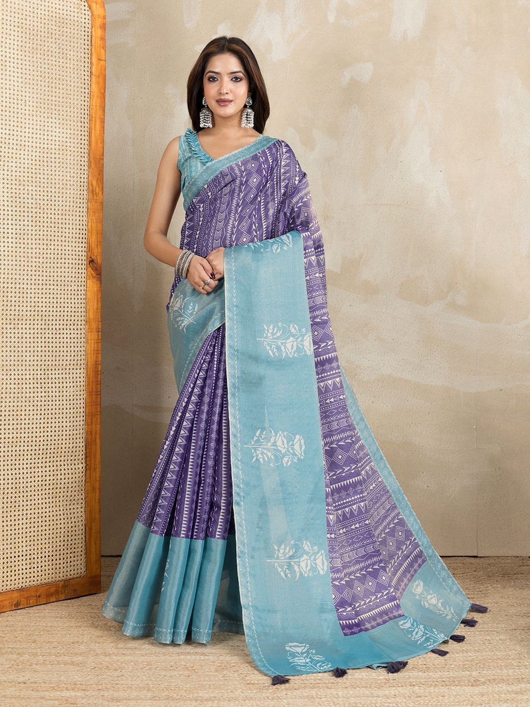 Purple Aqua Erode Cotton Saree with Geometric Floral Design