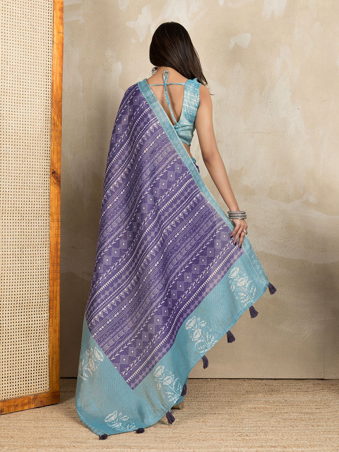 Purple Aqua Erode Cotton Saree with Geometric Floral Design