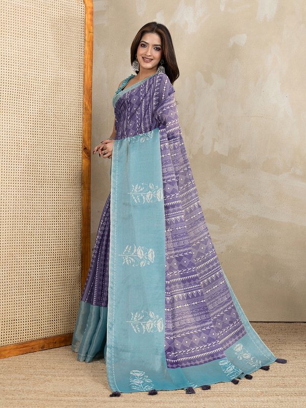 Purple Aqua Erode Cotton Saree with Geometric Floral Design