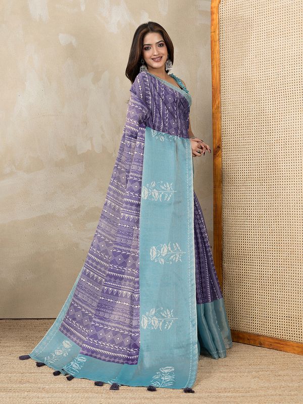 Purple Aqua Erode Cotton Saree with Geometric Floral Design