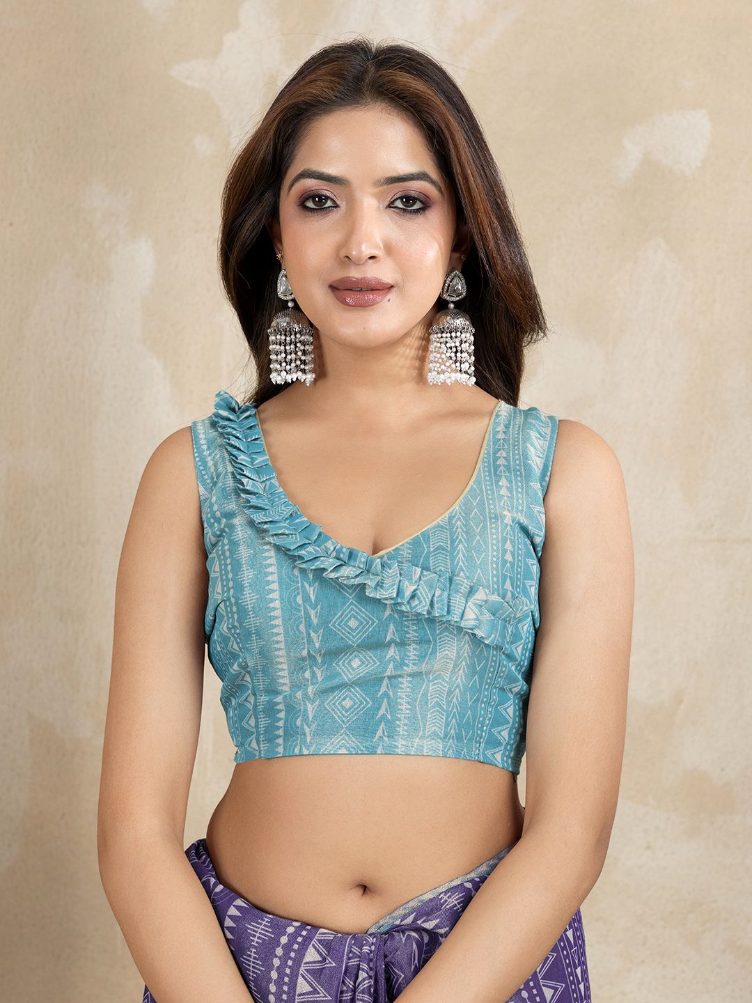 Purple Aqua Erode Cotton Saree with Geometric Floral Design