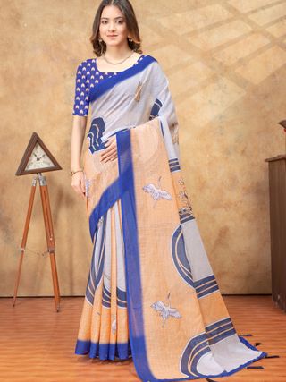 Peach Blue Crane Print Linen Cotton Saree