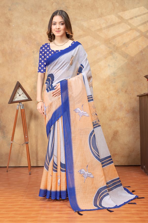 Peach Blue Crane Print Linen Cotton Saree