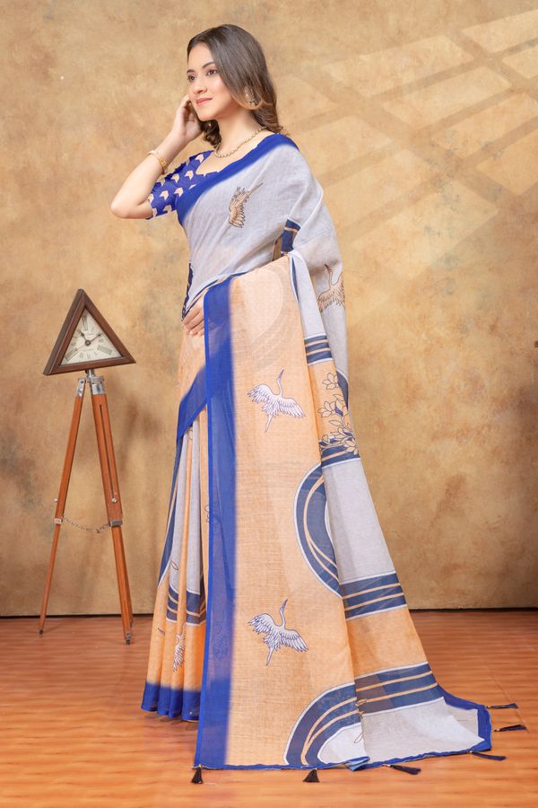 Peach Blue Crane Print Linen Cotton Saree