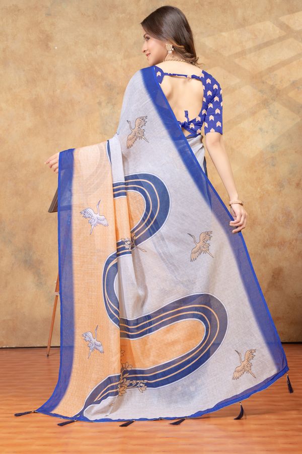 Peach Blue Crane Print Linen Cotton Saree