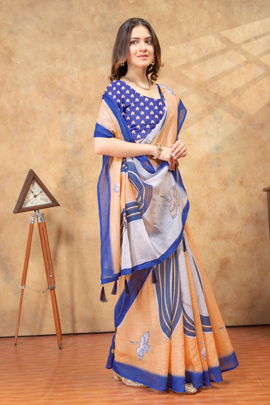 Peach Blue Crane Print Linen Cotton Saree