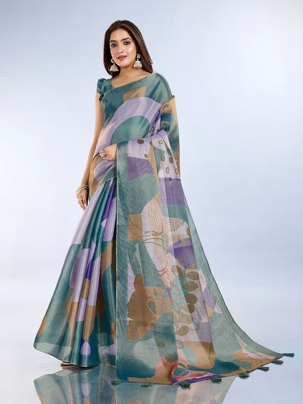 Buy Teal Abstract Print Erode Cotton Saree with Tassels