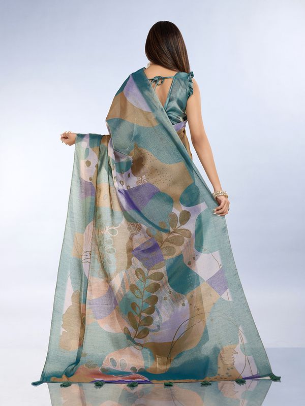 Buy Teal Abstract Print Erode Cotton Saree with Tassels